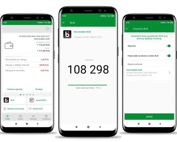 Trzy ekrany smartfonów pokazujące aplikację bankową z kodem BLIK i ustawieniami.