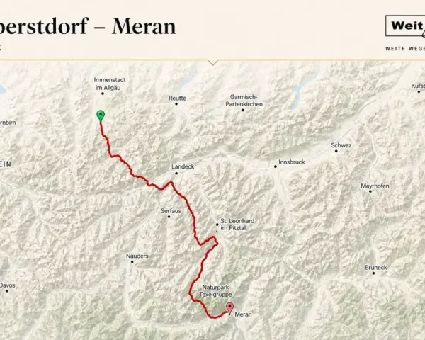 Karte zeigt die Route von Oberstdorf nach Meran durch die Alpen, vorbei an Immenstadt, Landeck und dem Naturpark Texelgruppe.