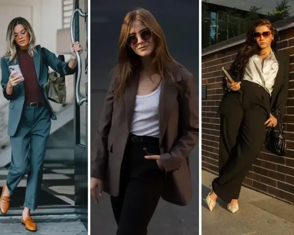 Elegancka stylizacja do pracy: trzy kobiety w garniturach, każda prezentuje inny, modny zestaw.