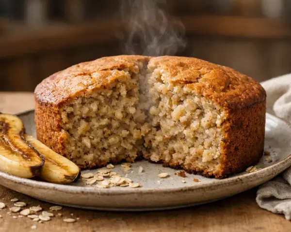 Gâteau moelleux à la banane et flocons d'avoine, encore chaud. Une délicieuse recette pour le petit-déjeuner ou le goûter.