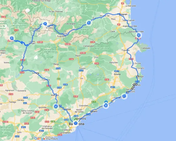 A scenic road trip from Barcelona, winding through the Pyrenees, coastal towns like Cadaqués, and historic cities like Girona.