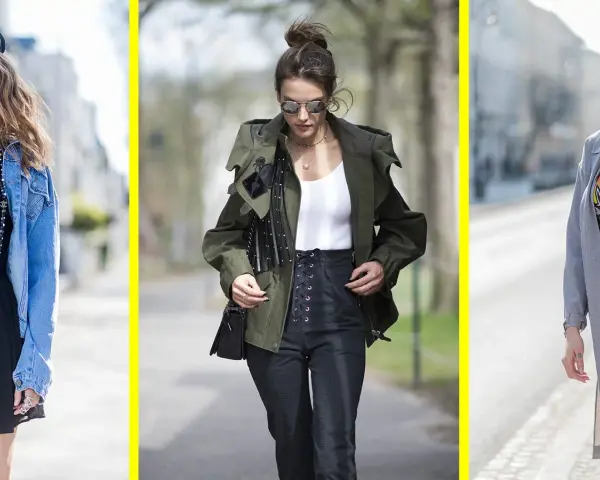 Tre donne sfoggiano un outfit casual: giacca di jeans, giacca verde militare e cappotto lungo grigio.