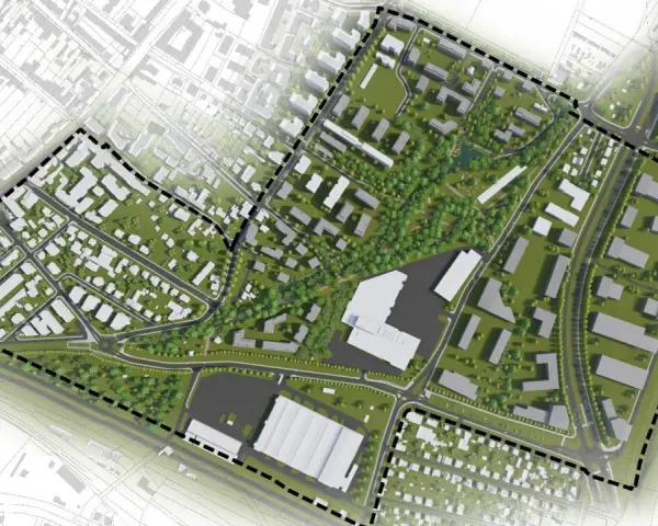 Wizualizacja urbanistyczna z zaznaczonym obszarem zabudowy i rozległym pasem zieleni, tworzącym serce projektu.