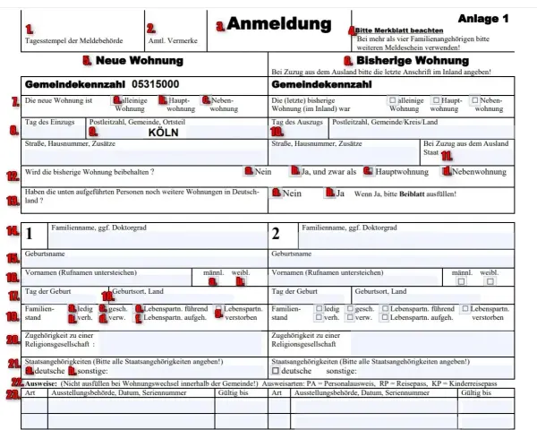 Formular Anmeldung zur Wohnung mit Feldern für neue und bisherige Wohnung, persönliche Daten und Ausweise.