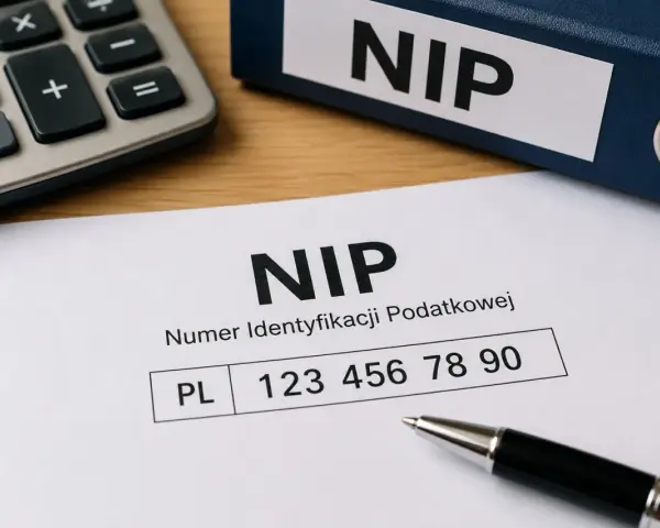 Numer identyfikacji podatkowej, czyli NIP, to ważny dokument. Na zdjęciu widać formularz z numerem NIP, kalkulator i segregator z napisem NIP.