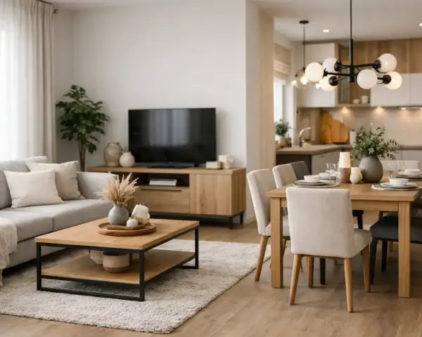 Nowoczesny salon z szarą kanapą i drewnianym stolikiem kawowym. Obok jadalnia z drewnianym stołem i krzesłami. Inspiracja, jak urządzić salon.