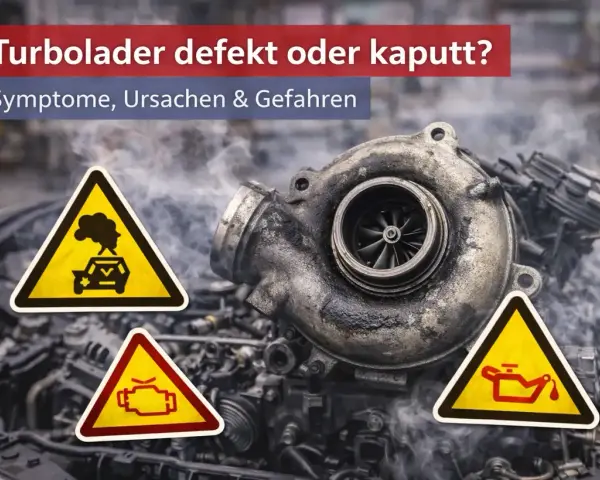 Ein defekter Turbolader mit Warnsymbolen: Rauch aus dem Auspuff, Motorkontrollleuchte und Ölverlust. Ursachen für einen Turbolader defekt sind vielfältig.