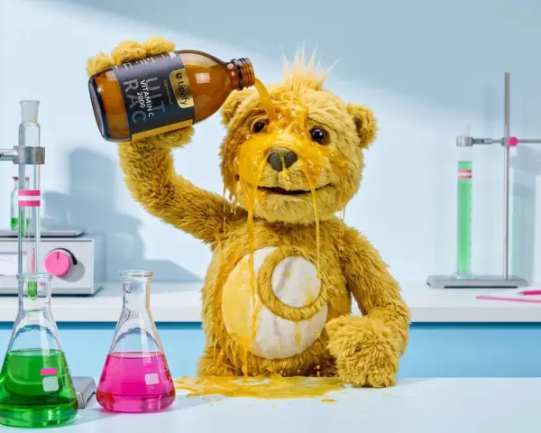 Ein Teddybär kippt eine Flasche Vitamin C über sich. Das ist wohl zu viel Vitamin C!