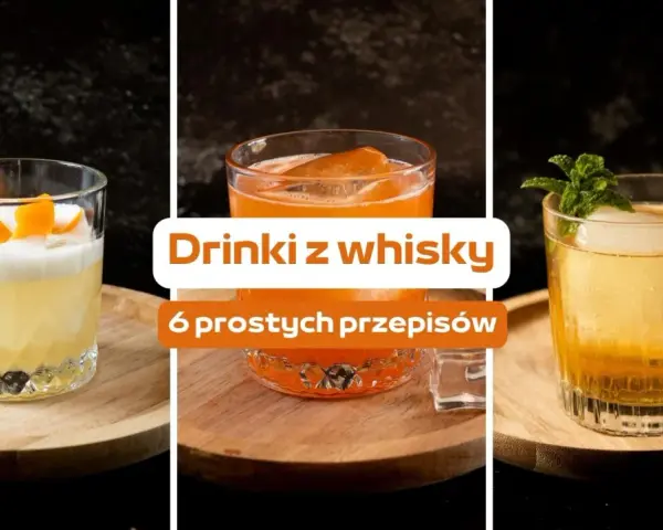 Trzy drinki z whisky: jeden z pianką i skórką pomarańczy, drugi pomarańczowy z lodem, trzeci złoty z miętą.