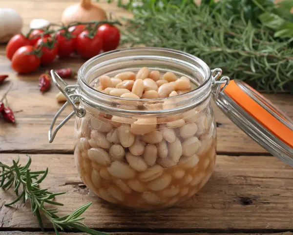 Ein Glas mit dicken Bohnen, bereit zum Einkochen, steht auf einem Holztisch. Daneben liegen Rosmarin, Tomaten und getrocknete Chilis.