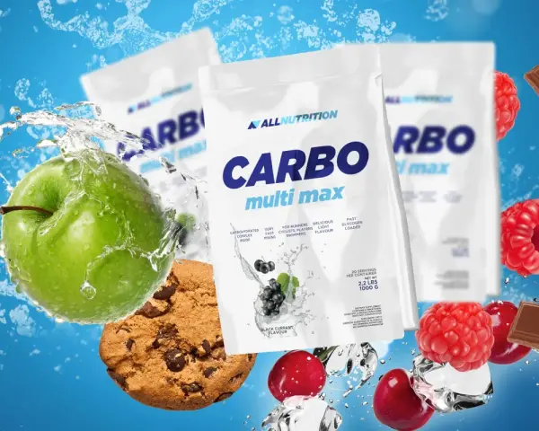 Opakowania odżywki CARBO multi max, zielone jabłko, ciastko z czekoladą, maliny i kostki lodu.