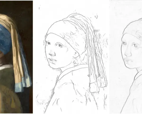 Retrato con líneas de la joven de la perla, mostrando la obra original y dos interpretaciones en boceto.