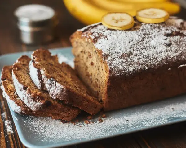 Wilgotne ciasto bananowe, posypane cukrem pudrem, z plasterkami banana na wierzchu, prezentuje się apetycznie na talerzu.