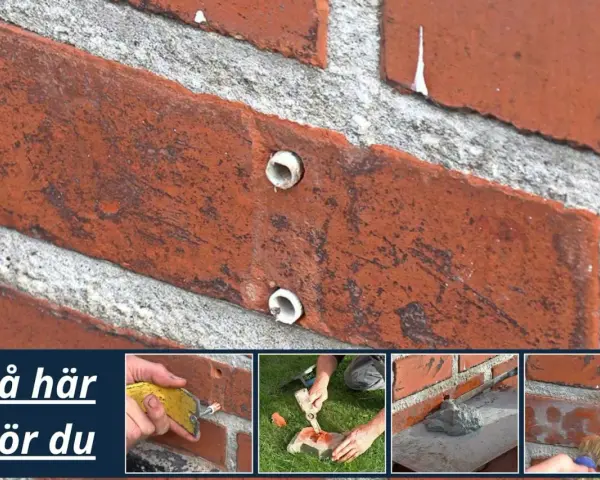 Så här lagar du mur utomhus. Bilden visar steg för att laga en tegelvägg utomhus, med fokus på att reparera sprickor och fogar.