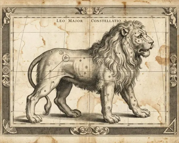 Lew Major Constellatio, z gwiazdami tworzącymi jego sylwetkę. Lew, jako znak zodiaku, symbolizuje ogień, siłę i odwagę.