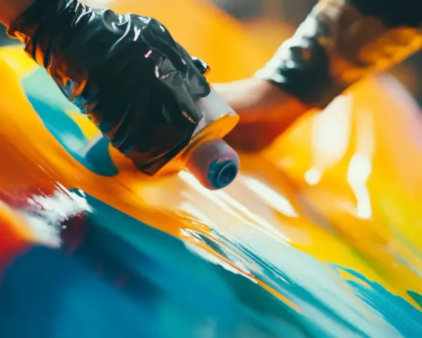 Hands in black gloves apply vibrant acrylic paint to a glossy surface, demonstrating how to paint acrylic plastic with a fluid art technique.