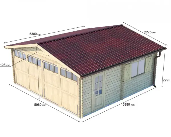 Struttura in legno con tetto rosso, ideale per un garage doppio. Dimensioni: 6380x5980 mm, altezza 3275 mm.