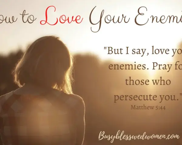 A woman looks out at a sunset, with text reading "How to Love Your Enemies" and a Bible verse about loving and praying for enemies.