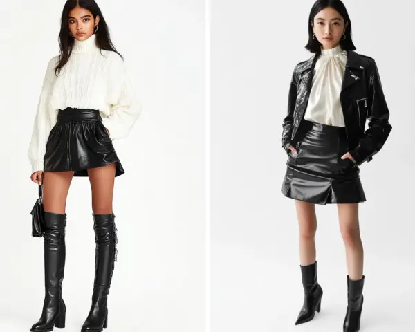 Dos modelos lucen un conjunto de camisa y falda corta de cuero negro. Una lleva un jersey blanco de cuello alto y botas altas. La otra, una chaqueta de cuero y botines.