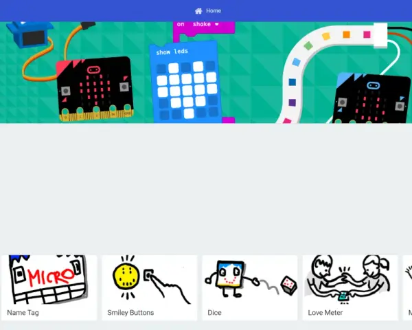 Strona główna micro:bit. Zobacz, jak zrobic bit, tworząc nowy projekt lub korzystając z samouczków, np. "Migające serce".