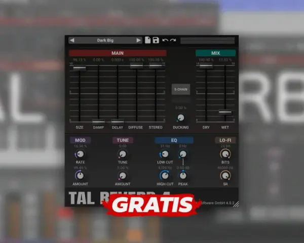 Interfejs wtyczki TAL Reverb 4 z suwakami i pokrętłami do kształtowania dźwięku. Napis "GRATIS" na czerwonym tle.