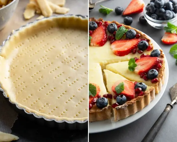 Base de masa quebrada lista para hornear y tarta de frutas frescas. Ideas para recetas con masa quebrada.