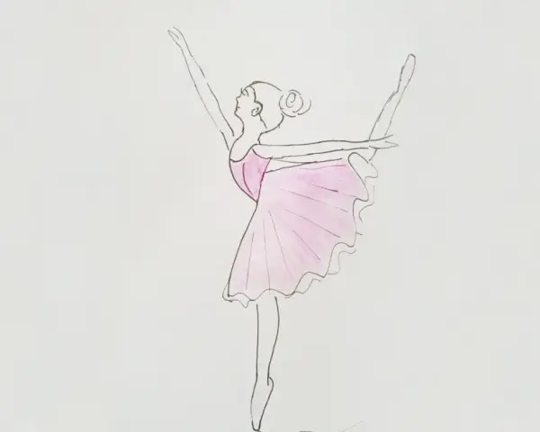 Delikatny rysunek baletnicy w różowej tutu, w pozie arabesque.