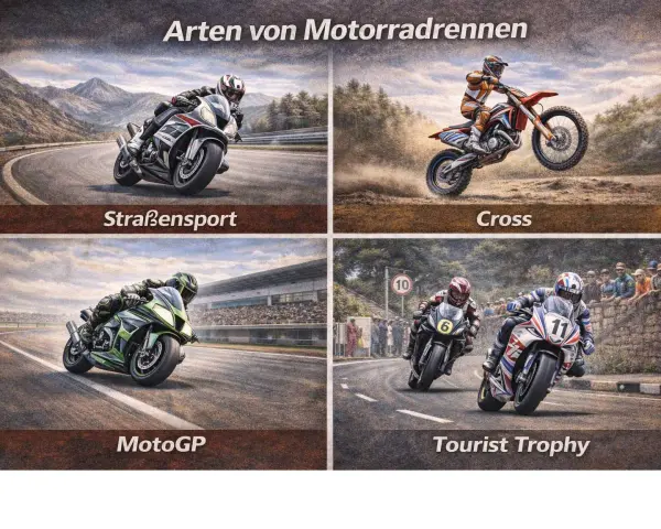 Quattro scene di corse di motociclistiche: sport su strada, cross, MotoGP e Tourist Trophy.