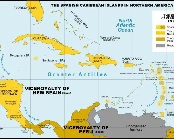 Mapa pokazuje, gdzie leżą Karaiby w 1600 roku, z zaznaczonymi terytoriami Hiszpanii, wicekrólestwami Nowej Hiszpanii i Peru.