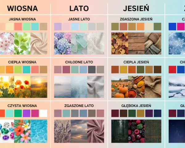 Paleta barw dla typów urody: wiosna, lato, jesień, zima. Zimne kolory dominują w typach lato i zima, od pastelowych po głębokie odcienie.