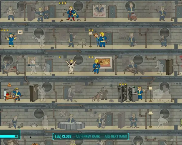 Habitantes de un refugio de Fallout 4, algunos con habilidades especiales, como un superhéroe y un santo.