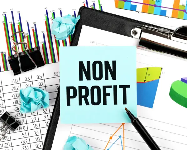 Analyzing financial reports for nonprofits. The image shows charts, graphs, and a sticky note with "NON PROFIT" written on it.