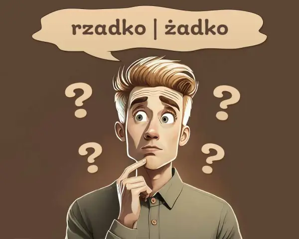 Zamyślony mężczyzna z pytajnikami wokół głowy zastanawia się, czy coś jest rzadko, czy żaden.