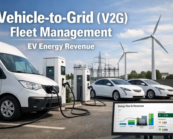 Elektryczne samochody i van podłączone do ładowarek, w tle wiatraki i linie energetyczne. To przyszłość telematyki w transporcie i zarządzania flotą EV.