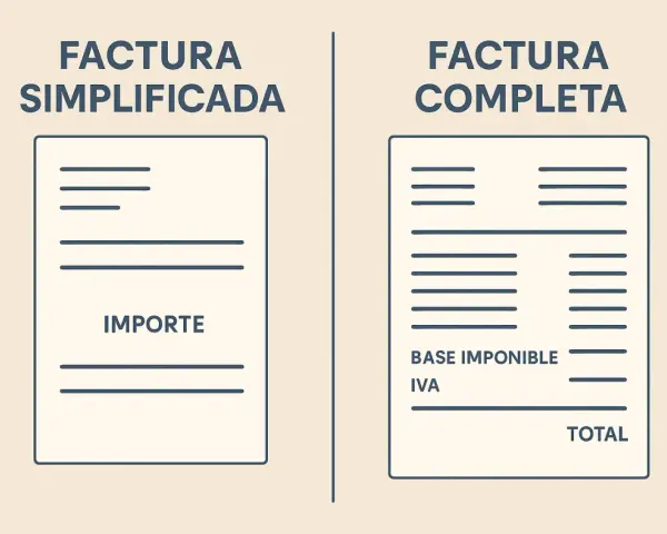 Comparación visual: factura simplificada o ticket con solo importe, frente a factura completa con base imponible, IVA y total.