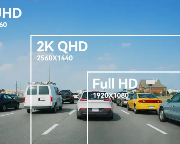 Autostrada z samochodami, z nałożonymi ramkami i napisami: 4K UHD, 2K QHD, Full HD.