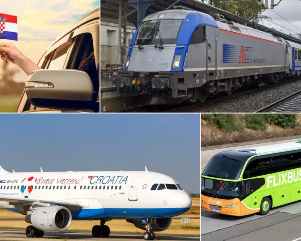 Różne środki transportu na wakacje do Chorwacji: ręka z flagą, pociąg, samolot Croatia Airlines i zielony autokar Flixbus.