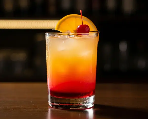 En klassisk tequila sunrise med lager av rött och orange, garnerad med apelsinskiva och körsbär.
