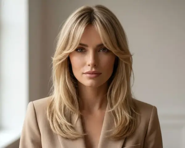 Kobieta w beżowej marynarce z blond włosami i stylową grzywką curtain bangs.