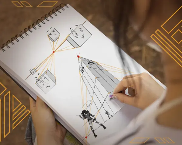 Une main dessine une **peinture perspective** dans un carnet, montrant des cubes avec des visages et des personnages dans un exercice de style.