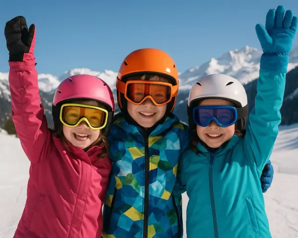 Trois enfants souriants, équipés pour le ski, célèbrent leurs vacances scolaires en Autriche. Leurs casques et lunettes colorés brillent sous le soleil.