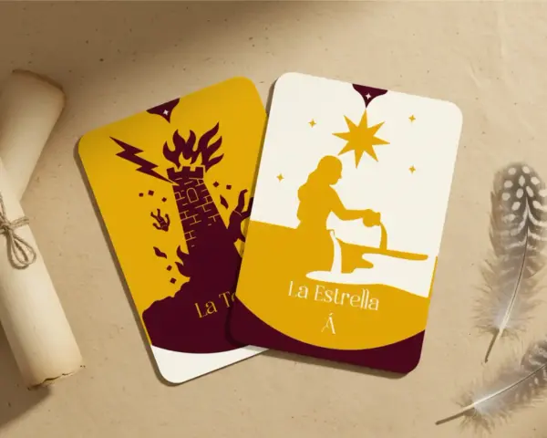 Dos cartas de tarot: La Torre en llamas y La Estrella vertiendo agua.