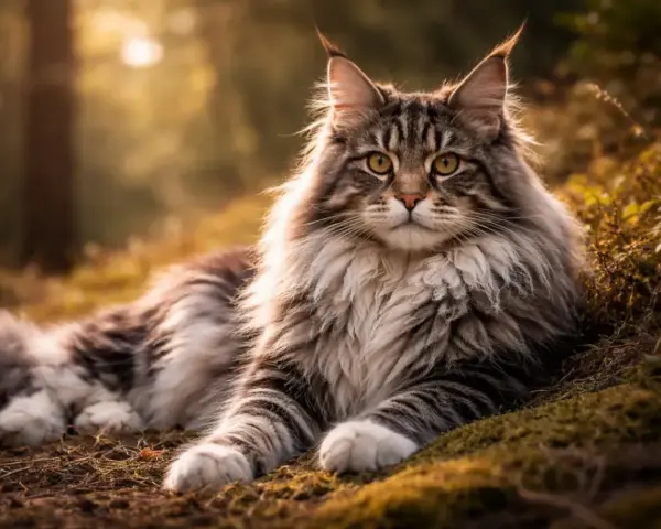 Majestatyczny kot rasy Maine Coon, z bujną grzywą i puszystym ogonem, leży w jesiennym lesie. Jego charakterystyka to łagodność i przyjazność.