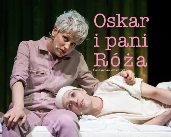 Oskar i pani Róża 2009. Kobieta w różowym dresie pochyla się nad leżącym mężczyzną w białej opasce na głowie.