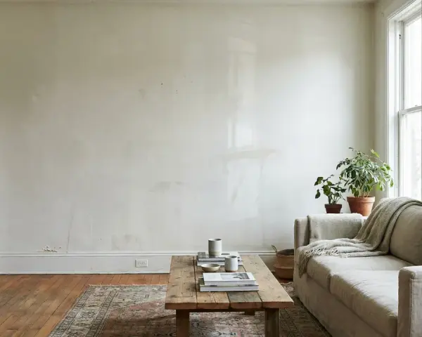 Soggiorno con divano beige, tavolino in legno e piante. Le pareti bianche mostrano segni del tempo, suggerendo che è ora di pensare a ogni quanto imbiancare casa.