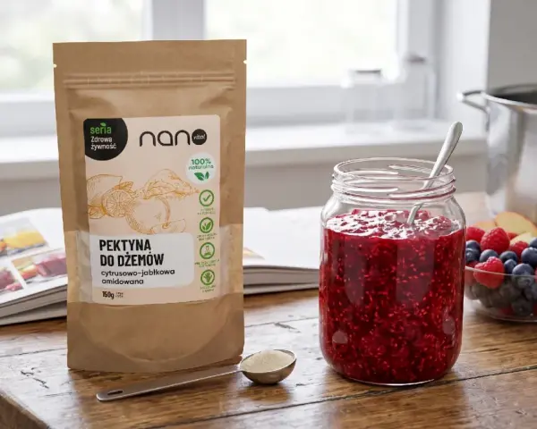 Pektyna do dżemów, cytrusowo-jabłkowa, to naturalny zagęstnik. Na stole słoik z malinowym dżemem, owoce i opakowanie produktu.