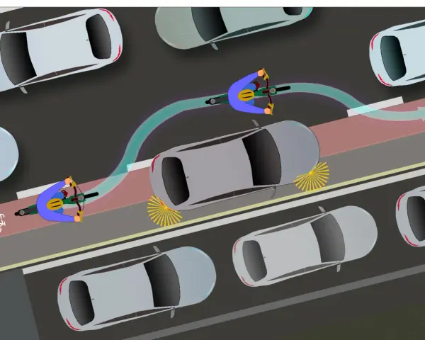 Radfahrer nutzen den Radweg, während Autos im **Parken in zweiter Reihe** den Verkehr behindern.