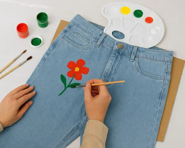 En person målar en röd blomma med gul mitt på ett par ljusblå jeans. Penslar, färger och en palett ligger bredvid.