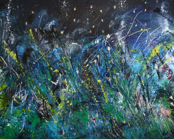 Une interprétation vibrante de la nuit étoilée, avec des touches de jaune et de bleu rappelant l'analyse de Van Gogh. La texture tourbillonnante évoque le mouvement des étoiles.