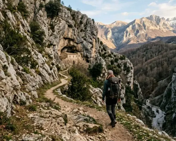 Un escursionista percorre un sentiero roccioso verso un eremo incastonato nella roccia, un'avventura nei cammini in Abruzzo.